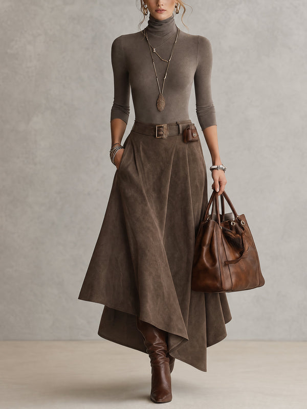Celeste | Conjunto de jersey de cuello alto y falda efecto ante