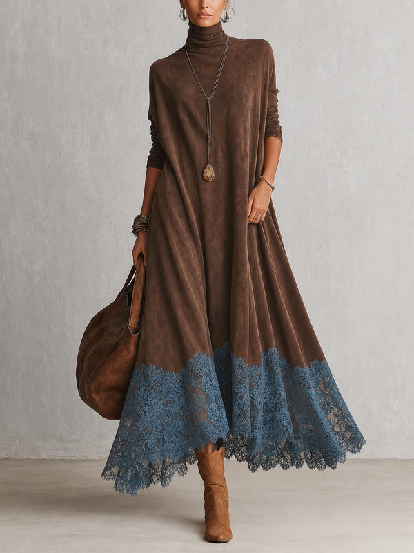 Brunela | Vestido largo efecto ante con bajo de encaje