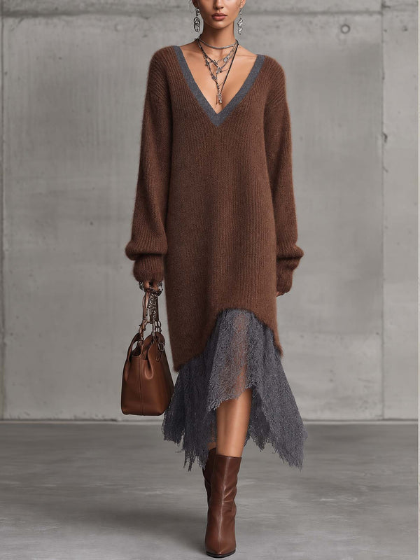 Fiama | Vestido midi de punto mohair con bajo de encaje
